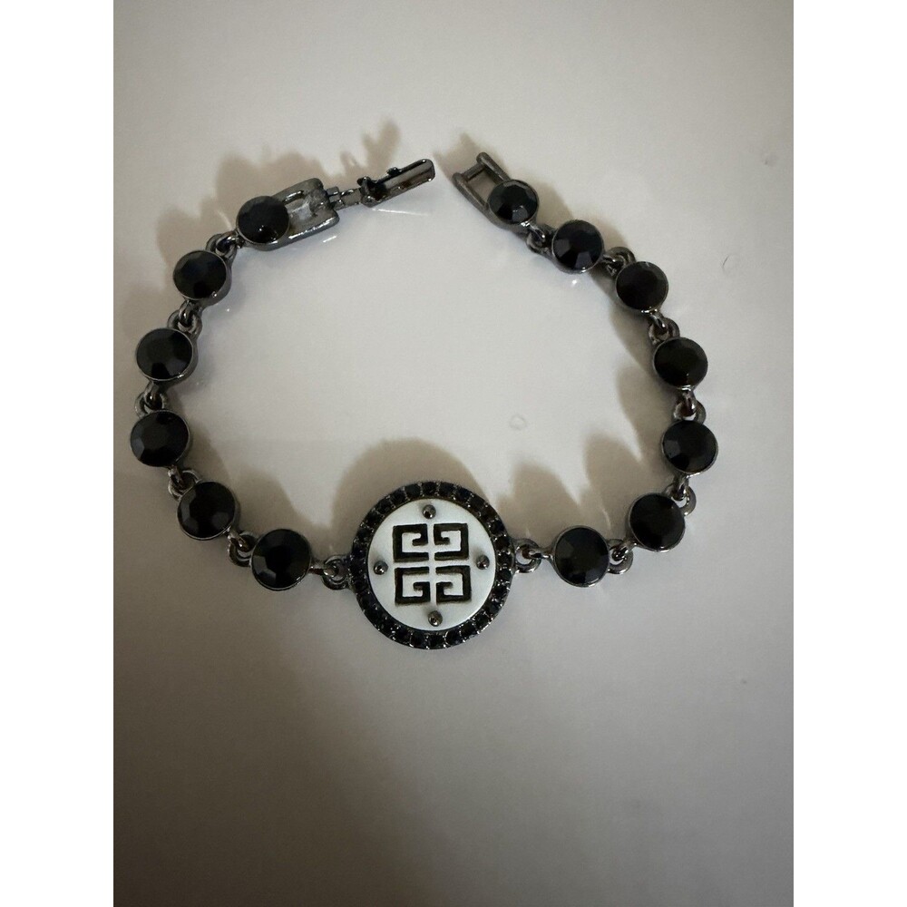 Givenchy Black Beaded Charm Bracelet Round Dangle Medallion Silver Tone